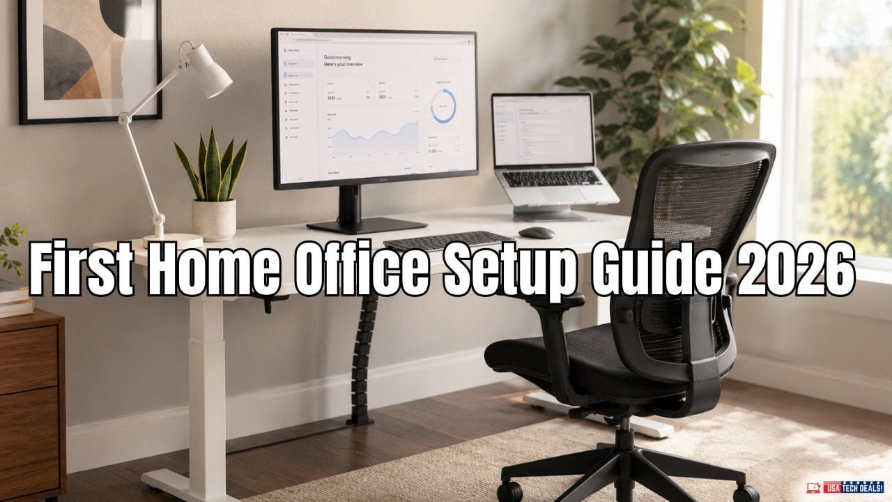 Complete first home office setup 2026 β modern desk, ergonomic chair, monitor, laptop and lighting for US remote workers