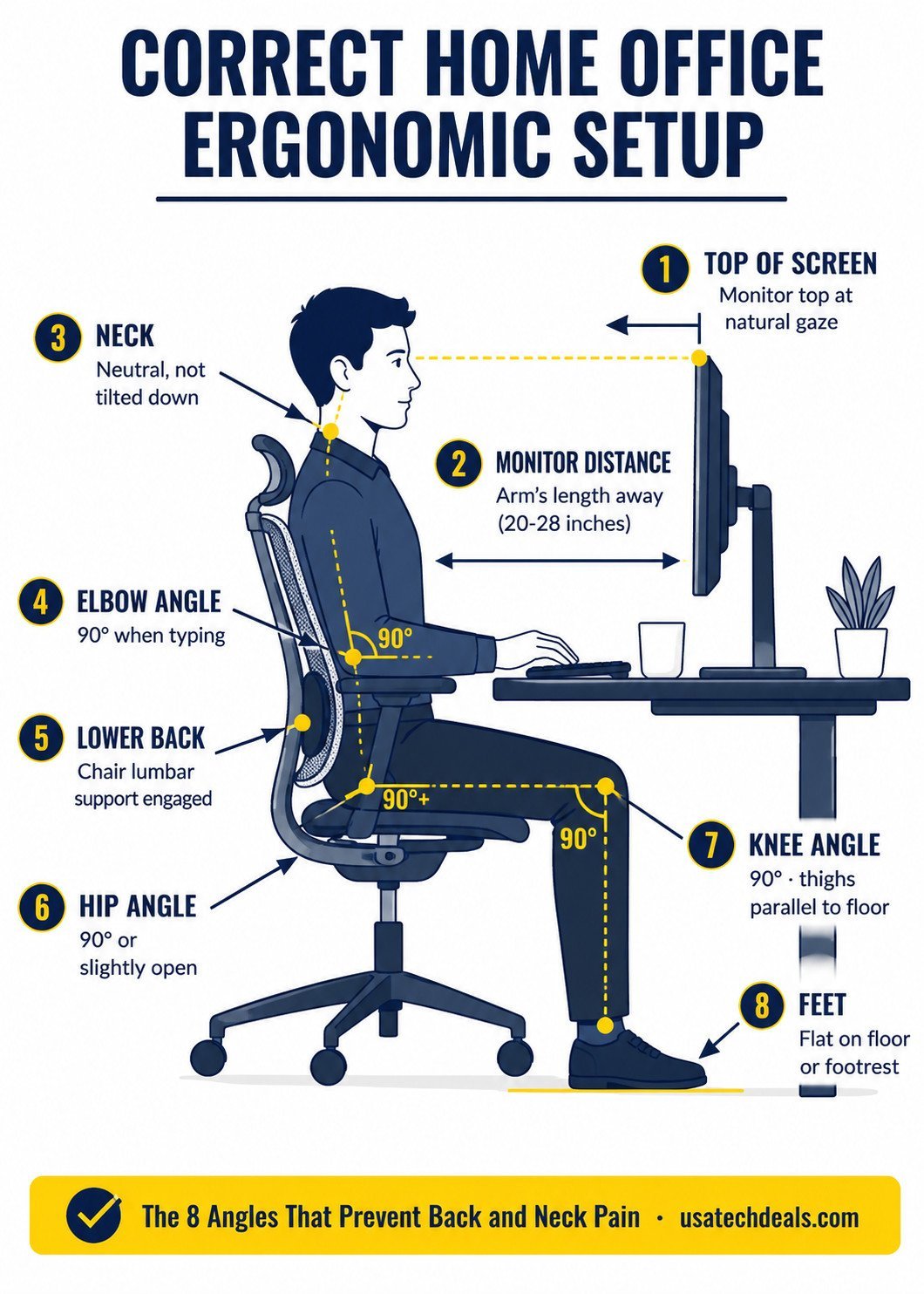 Home office ergonomic setup diagram showing the 8 correct posture angles — monitor height, elbow position, chair height, feet placement — to prevent back and neck pain