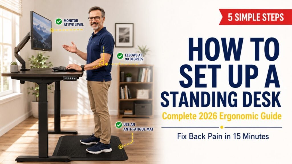 How to set up a standing desk properly with ergonomic guide showing perfect posture, monitor at eye level, 90-degree elbow position, and anti-fatigue mat 2026