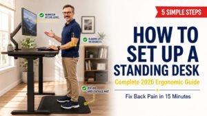 How to set up a standing desk properly with ergonomic guide showing perfect posture, monitor at eye level, 90-degree elbow position, and anti-fatigue mat 2026