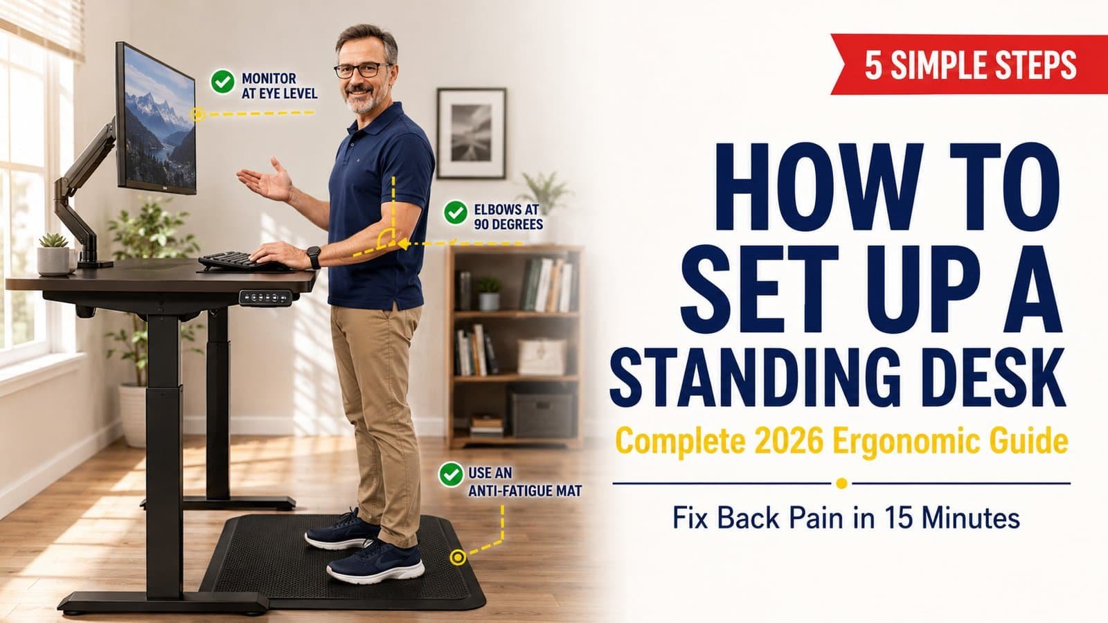 How to set up a standing desk properly with ergonomic guide showing perfect posture, monitor at eye level, 90-degree elbow position, and anti-fatigue mat 2026
