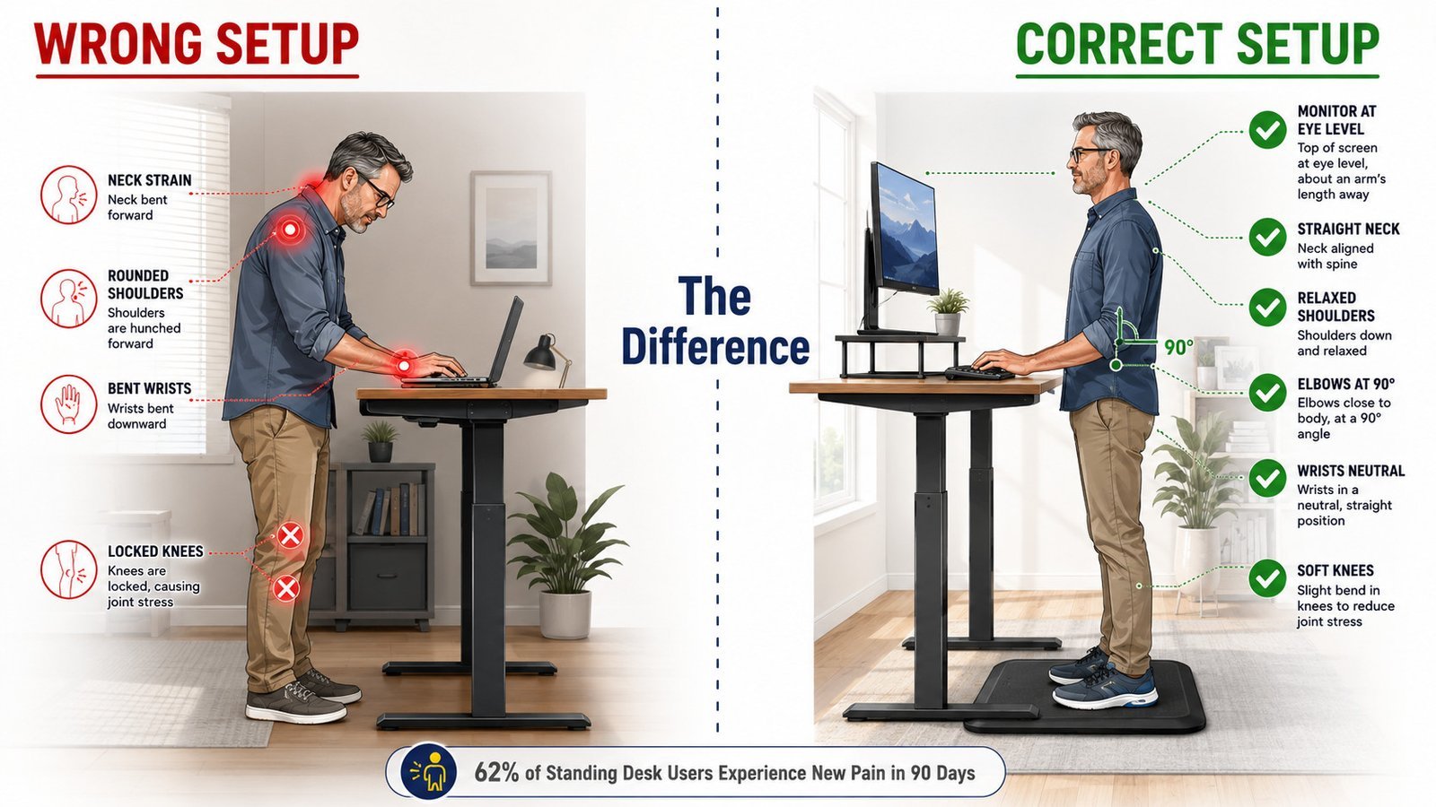 How to set up a standing desk properly with wrong versus correct ergonomic comparison showing proper monitor height and elbow position for American home offices