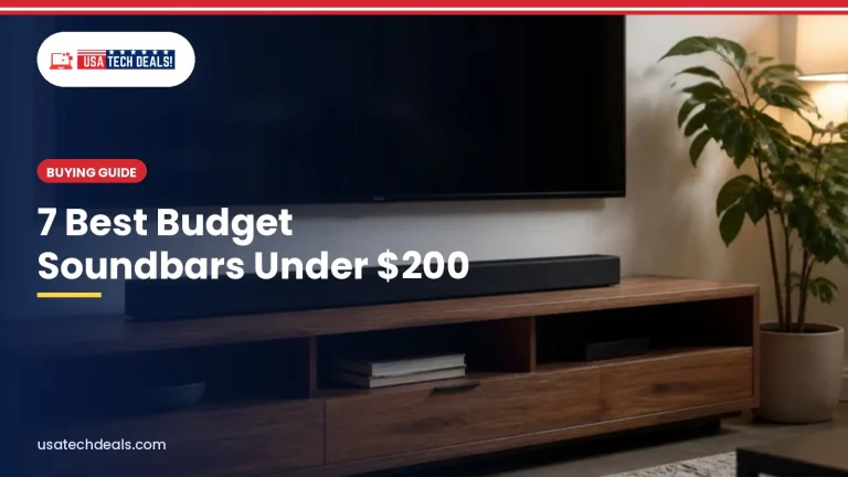 Soundbar on a media console under a TV with the article title