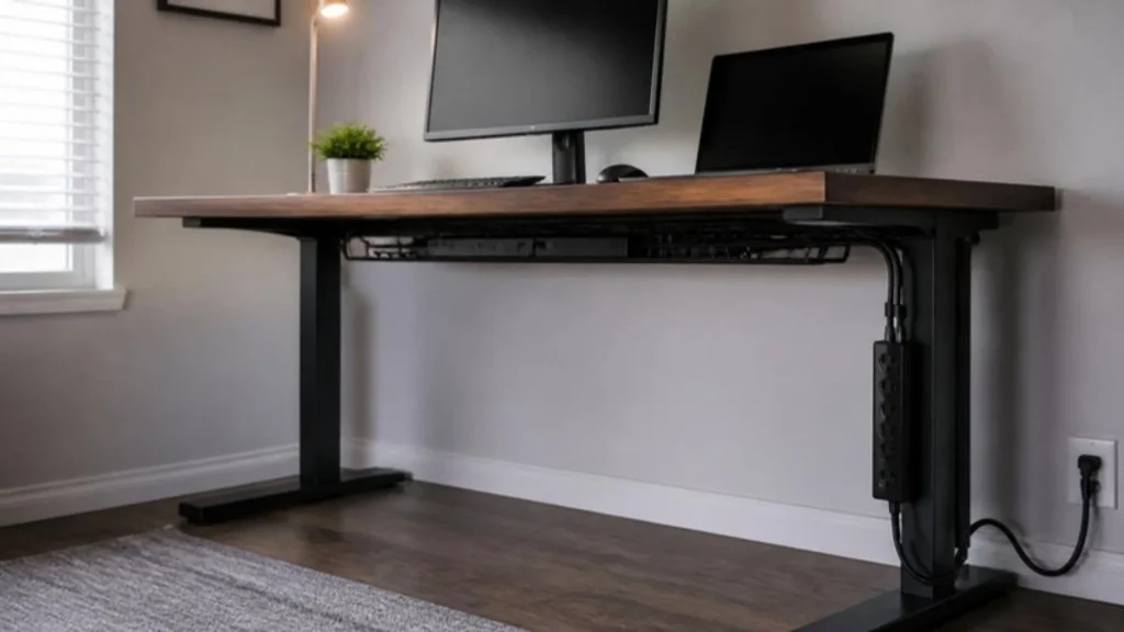 Desk with an under-desk cable tray and cables routed down one leg