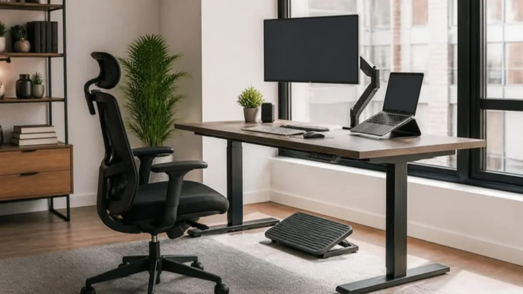 Ergonomic desk setup with monitor arm, laptop stand and footrest