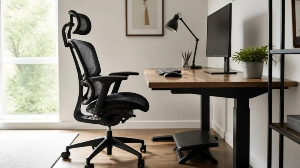Ergonomic mesh chair with footrest at a desk with the monitor at eye level
