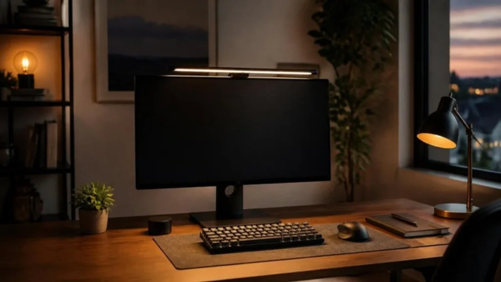 Desk lit by a monitor light bar and a side lamp with no screen glare