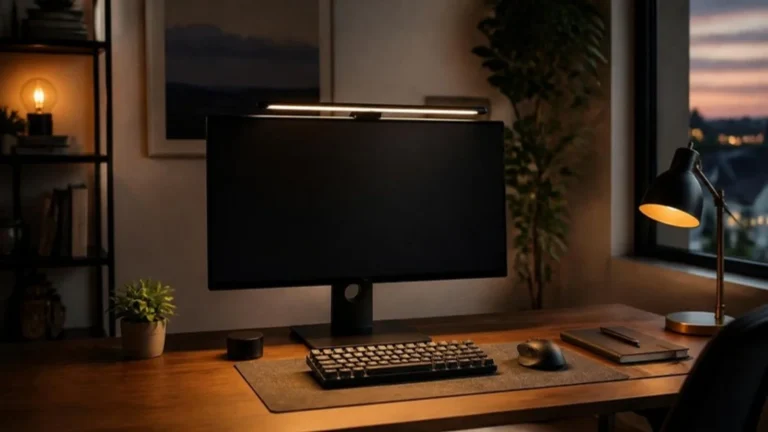 Desk lit by a monitor light bar and a side lamp with no screen glare