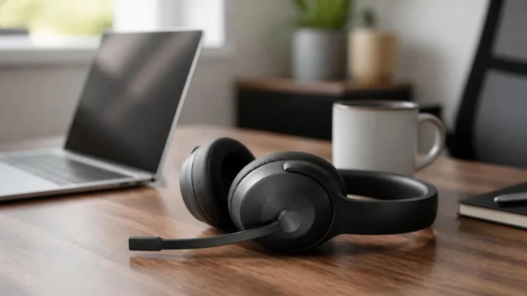 Headset with a boom microphone next to a laptop