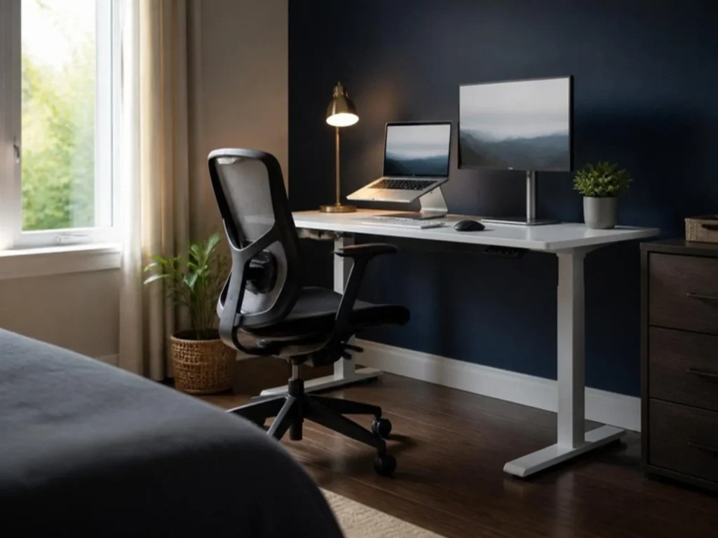 Bright home office with a laptop on a stand, monitor at eye level and an ergonomic chair