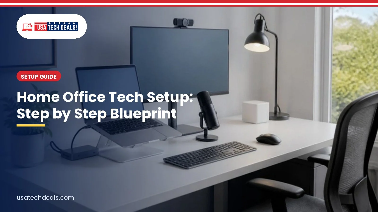 Home office tech setup with dock, monitor, webcam and microphone with the article title