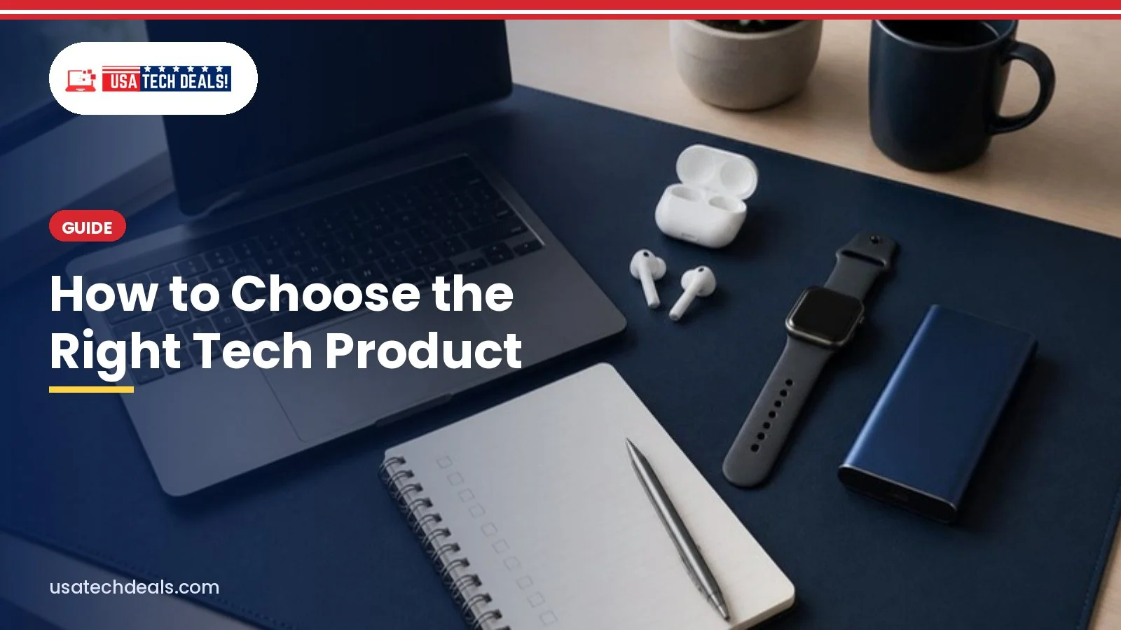 Laptop, earbuds, smartwatch and notebook on a desk mat with the article title