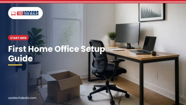 Spare room being set up as a first home office with the article title