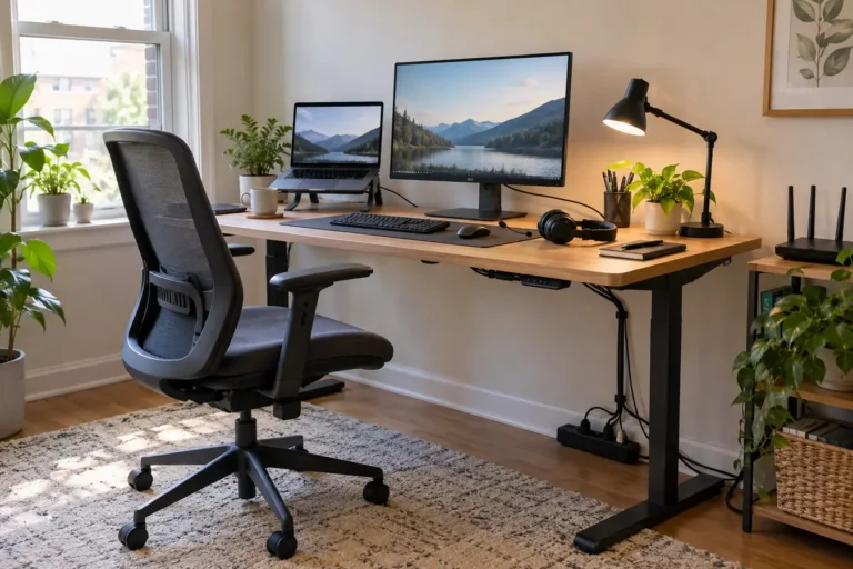 Illustrative work from home setup with a raised laptop, external monitor, separate keyboard, office chair, lighting and organized cables