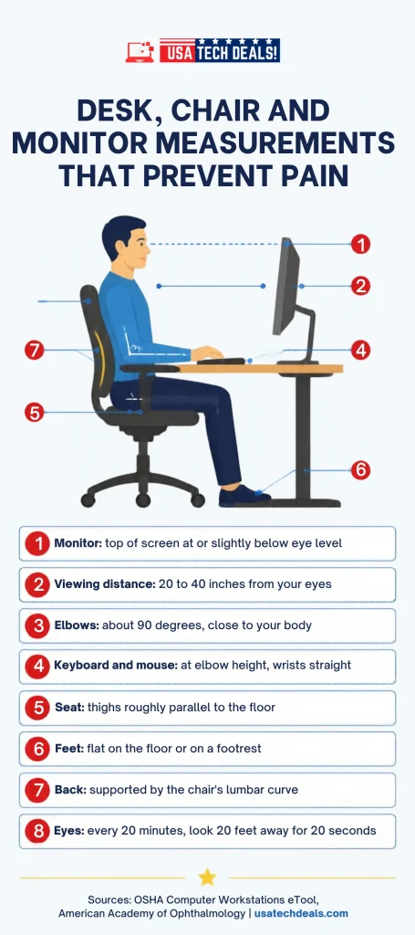 Infographic: desk, chair and monitor measurements based on OSHA and AAO guidance