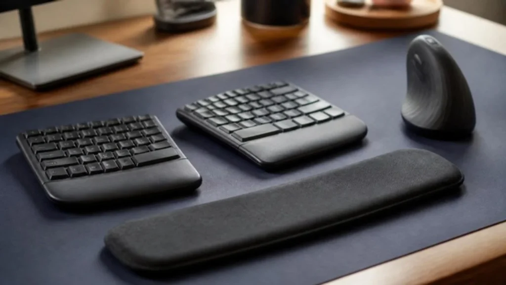 Split ergonomic keyboard, vertical mouse and wrist rest on a desk mat