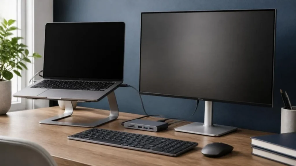Laptop on an aluminum stand next to an external monitor and docking hub