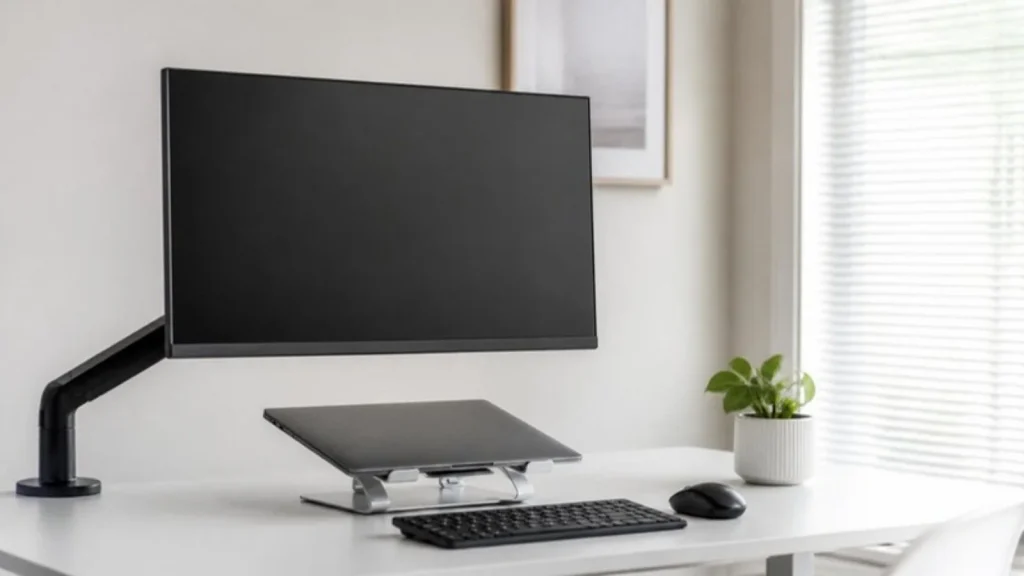 Monitor on an adjustable arm set at eye level