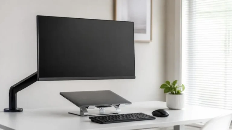 Monitor on an adjustable arm set at eye level