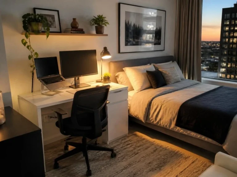 Compact home office corner in an apartment bedroom