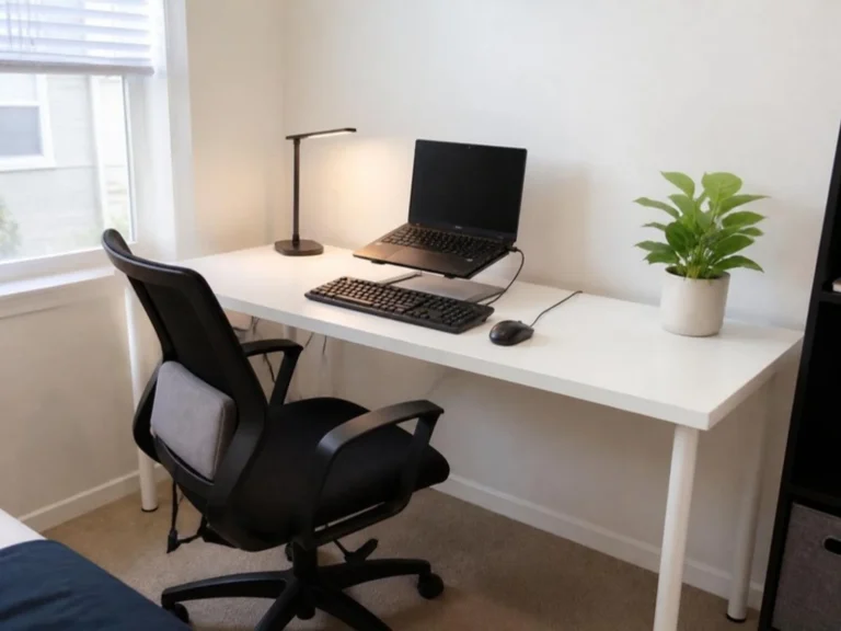 Simple white desk with a laptop stand, keyboard and lumbar cushion