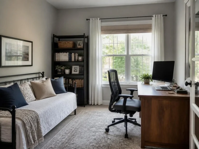 Guest bedroom with a daybed and a desk by the window