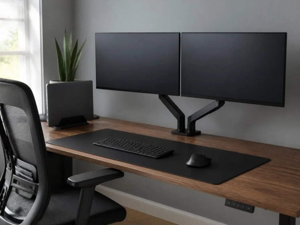 Dual monitors on one arm with the laptop in a vertical stand