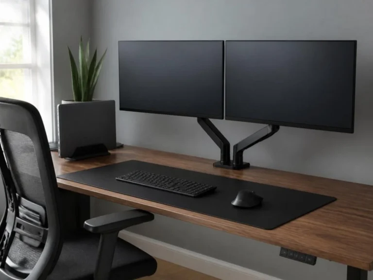 Dual monitors on one arm with the laptop in a vertical stand