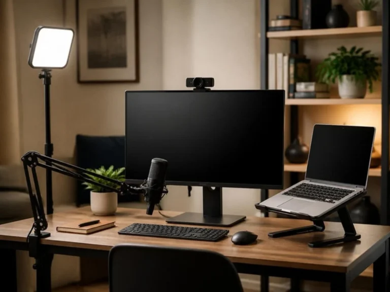 Desk with webcam, key light and boom microphone for video calls