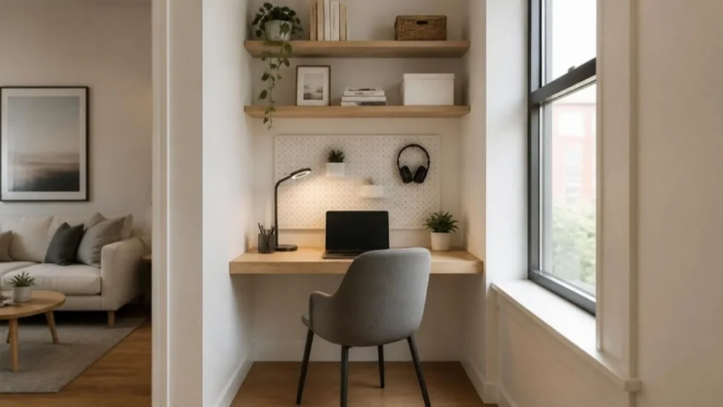 Floating desk in a small apartment alcove with wall shelves