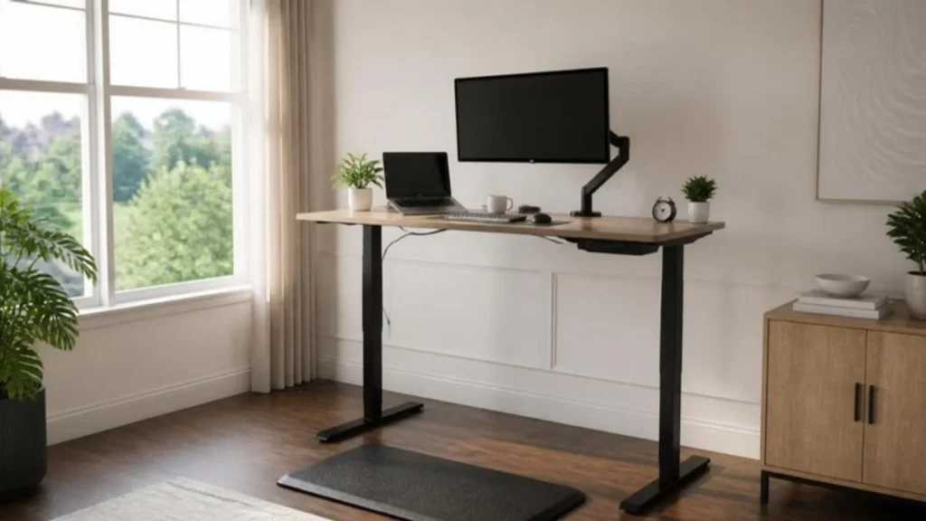 Sit-stand desk raised to standing height with an anti-fatigue mat