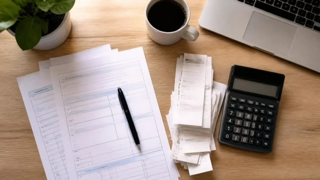 Tax forms, receipts and a calculator on a home office desk