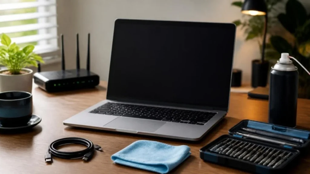 Laptop with a small repair toolkit, cable and cleaning cloth