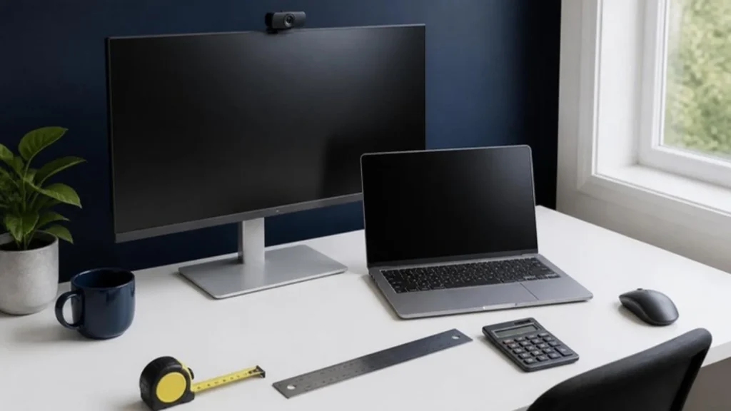 Desk with monitor, webcam, tape measure, ruler and calculator