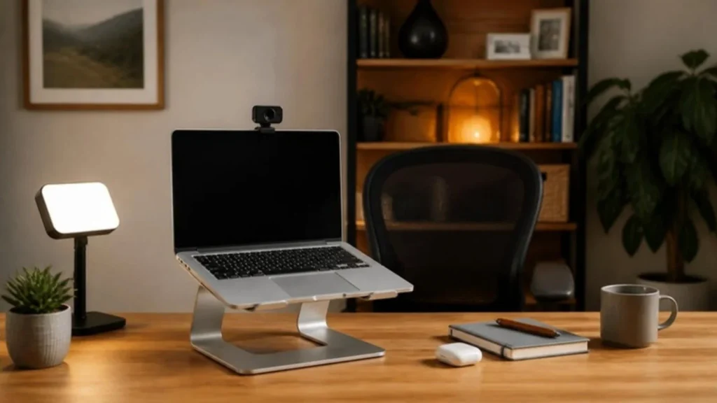 Laptop with an external webcam and LED light ready for a video call
